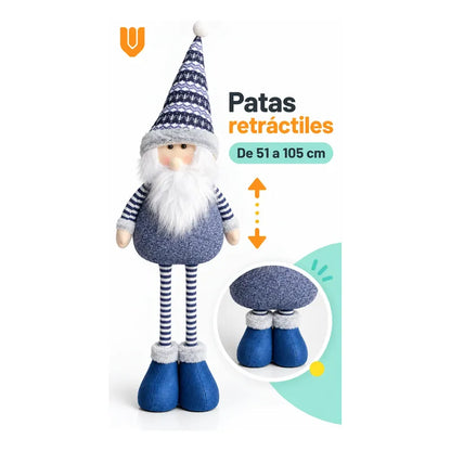 Muñeco Pascuero Navideño 105cm Retraible Decorativo Figura Blanco Pascuero Azul Muñeco Navideño Retráctil Patas Rayadas Altura Ajustable Gorro Nórdico Barba Blanca Decoración 105cm Pascuero Retraible