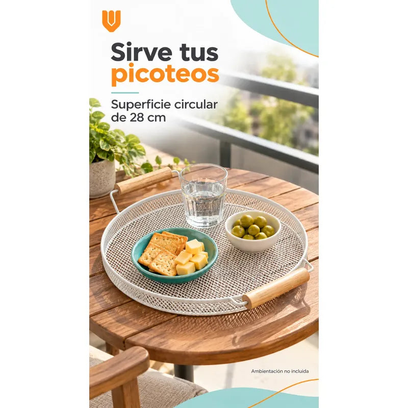 Bandeja Circular Metal Blanco Asas Madera Desayuno 28cm Blanco Bandeja Circular Redonda Malla Metal Asas Madera Base Calada Borde Bajo Servicio Desayuno Once Café Té Cocina 28cm