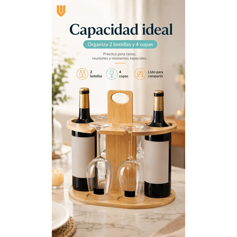 Rack Soporte Porta Vino Copas Organizador Madera Bambu Mader Bambú Mediano