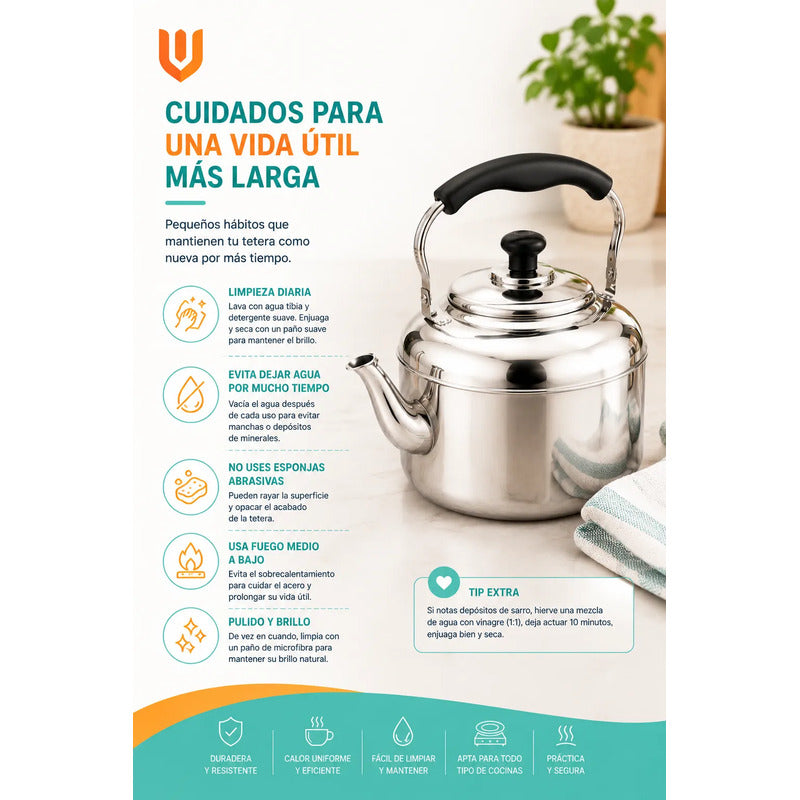 Tetera Cuello Cisne Acero Inoxidable 2 Litros Premiun Cocina Plateado