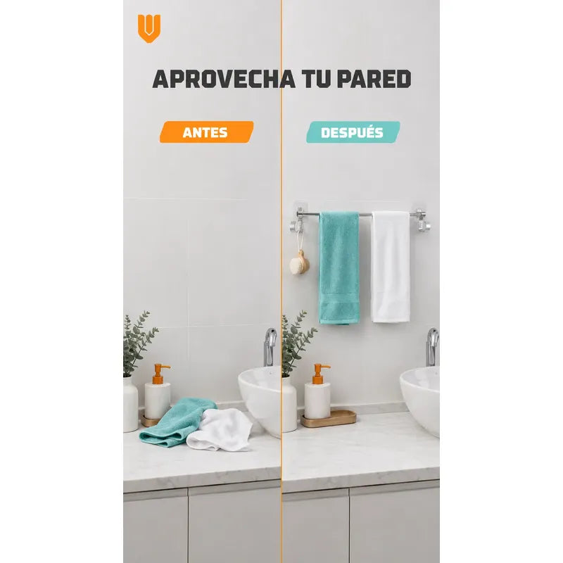 Toallero Adhesivo Baño Soporte Pared Organizador 60cm Toalla Toallero Adhesivo Baño 60cm Aluminio Plateado Porta Toalla Barra Pared Sin Taladro Dos Ganchos Organizador Moderno Mural 8,5x60cm