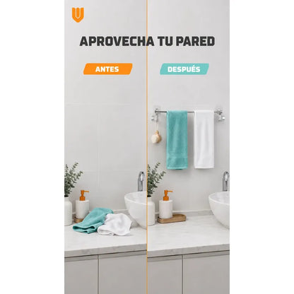 Toallero Adhesivo Baño Soporte Pared Organizador 60cm Toalla Toallero Adhesivo Baño 60cm Aluminio Plateado Porta Toalla Barra Pared Sin Taladro Dos Ganchos Organizador Moderno Mural 8,5x60cm
