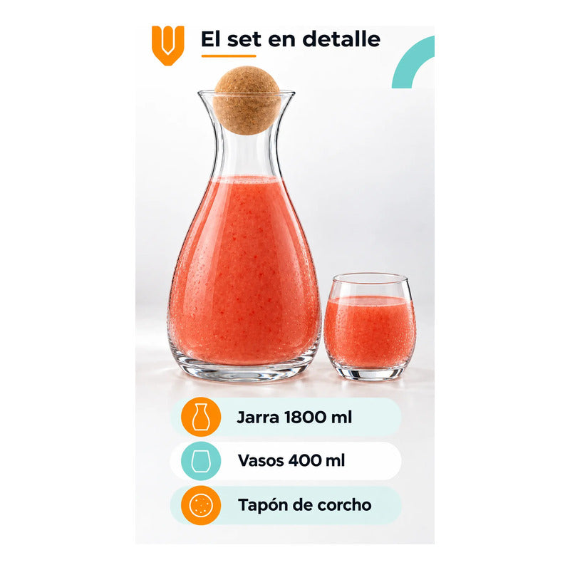 Jarra Vidrio 1800ml Jugo Tapa Corcho 6 Vasos 400 Ml Transparente Jarra Agua Jugo Vidrio Transparente Vasos Curvos Set 1800 Ml 400 Ml Tapón Bola Corcho Cocina Comedor 1800ml