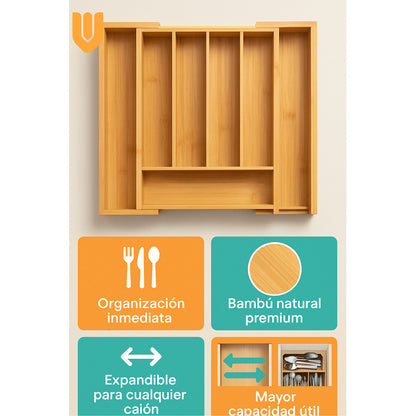 Organizador Cubiertos Expandibles Bambu Porta Cubiertos Bambú