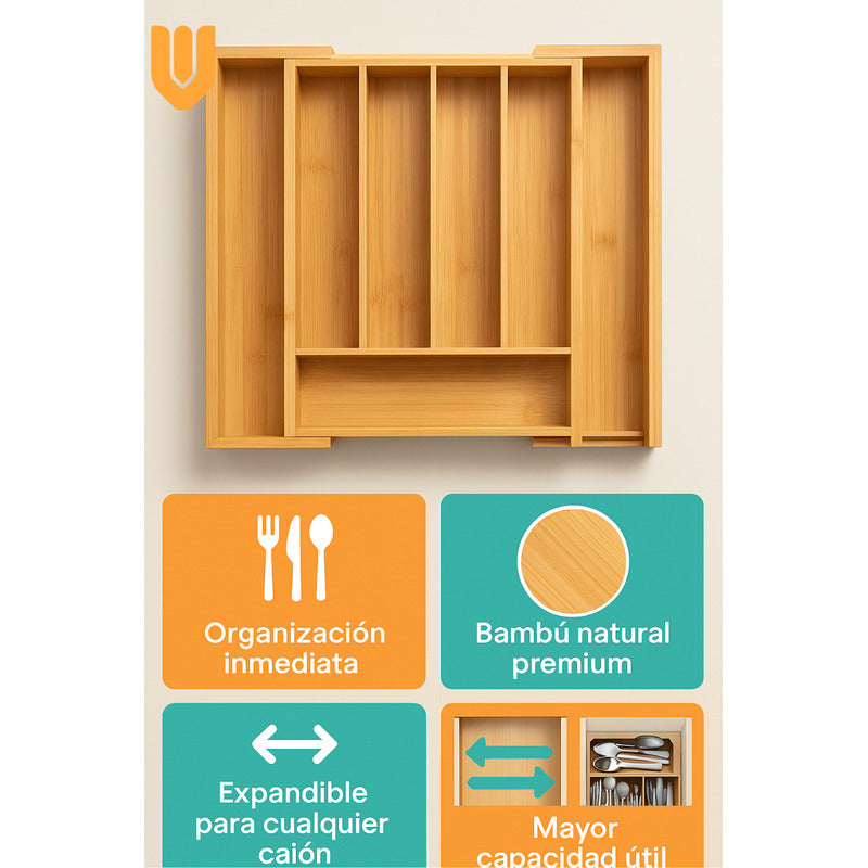 Organizador Cubiertos Expandibles Bambu Porta Cubiertos Bambú
