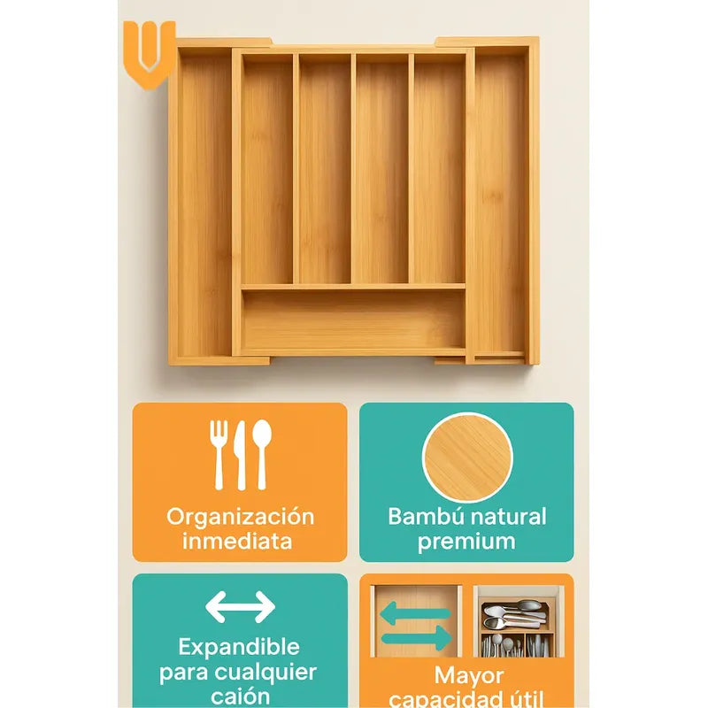 Organizador Cubiertos Expandibles Bambu Porta Cubiertos Bambú
