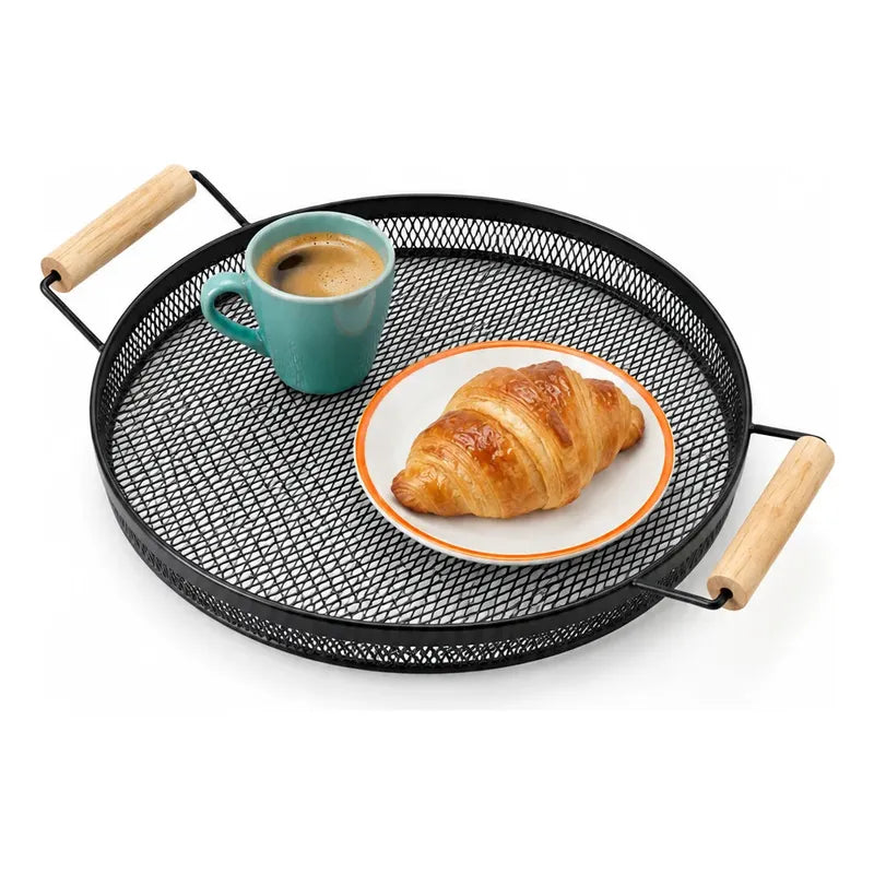 Bandeja Circular Metal Negro Asas Madera Desayuno 28cm Negro Bandeja Circular Redonda Malla Metal Asas Madera Base Calada Borde Bajo Servicio Desayuno Once Café Té Cocina 28cm