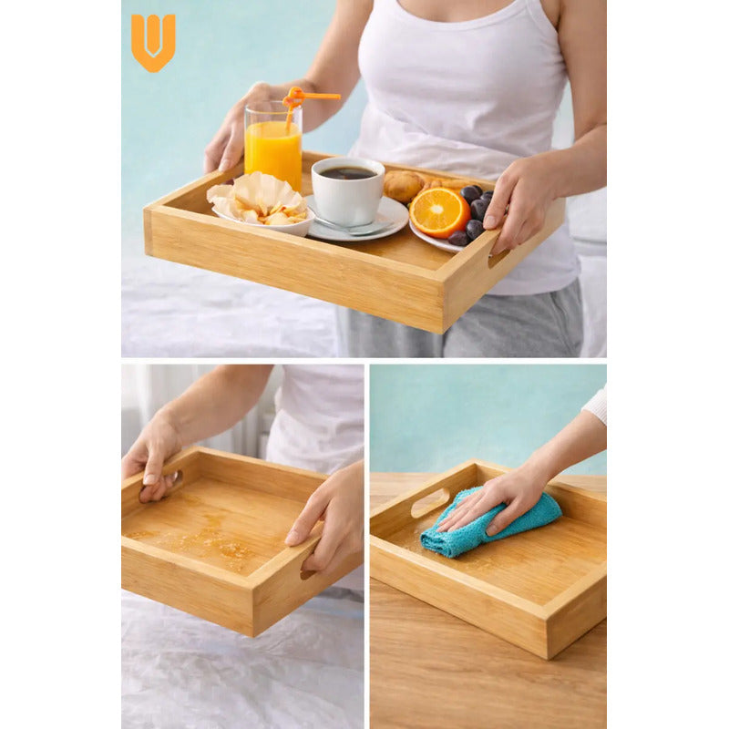 Bandeja Desayuno Bambu Hogar Elegante Servir Facil 40x28cm Bambú