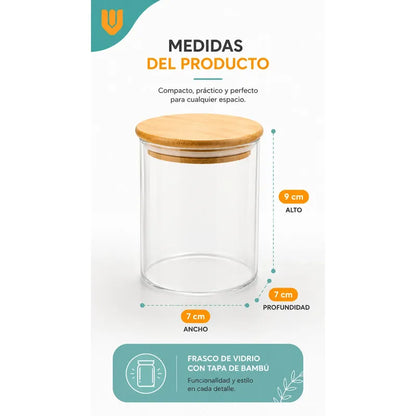 Frasco Hermético Contenedor Vidrio Tapa Bambu Gourmet 300 Ml 5 Unidades