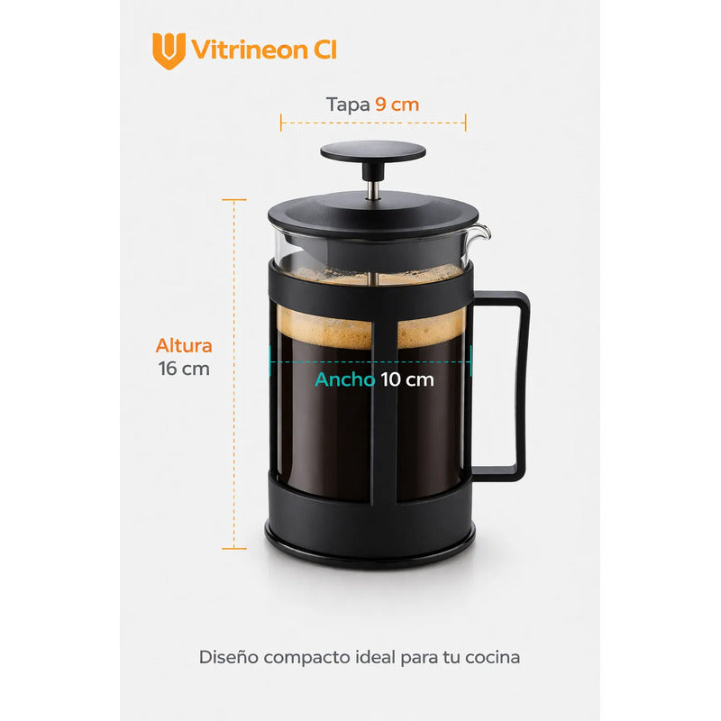 Cafetera Prensa Francesa Manual Embolo Vidrio Hogar 800ml Negro