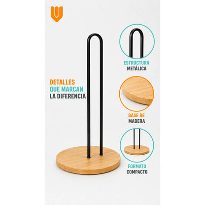 Soporte Toalla Nova Porta Rollo Toallas Papel Vertical Porta Toalla Nova Portarrollos Cocina Papel Absorbente Madera Metal Negro Vertical Sobremesa Base Circular