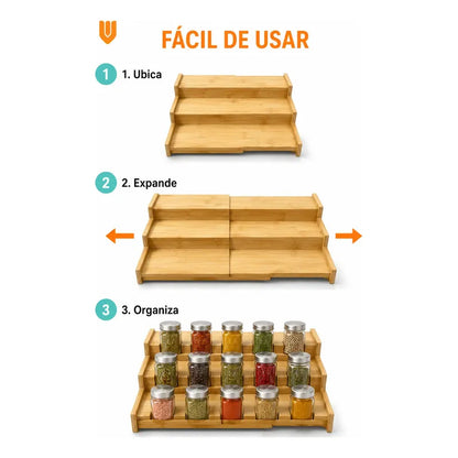 Organizador Porta Condimentos Especiero Expandible 3 Niveles Bambú Organizador Especias Expandible 3 Niveles Especiero Escalonado Cocina Despensa Condimentos Ajustable 22 A 38 Cm
