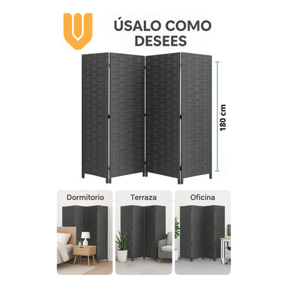 Vitrineon Biombo Separador Ratán Oficina 4 Paneles 180cm