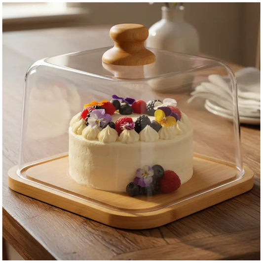 Base Cuadrada Tortas Cupcakes Tapa Plastico Bambu 30x30cm Bambú