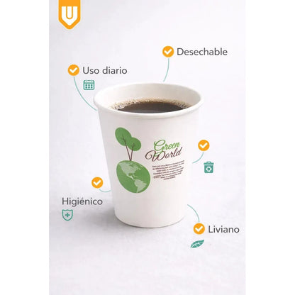 100 Vasos Cafeteria Bebidas Calientes Invierno Te Cafe 235ml Blanco Verde Natural Eco Biodegradable Compostable Sostenible Resistente Calor Antifugas Uso Cafeteria Bebidas Calientes Frias