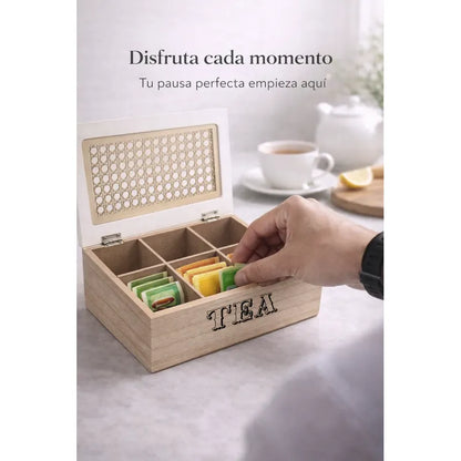 Vitrineon Organizador Te Madera Bambu Cocina Decoracion Chic Tono Madera Oscura Natural Acabado Elegante Estilo Nordico Moderno Decorativo Vetas Visibles Premium Cocina Hogar Estetica Calida
