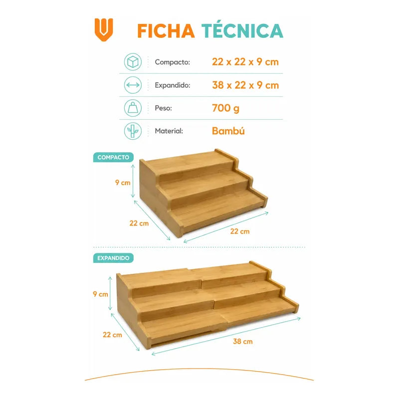 Organizador Porta Condimentos Especiero Expandible 3 Niveles Bambú Organizador Especias Expandible 3 Niveles Especiero Escalonado Cocina Despensa Condimentos Ajustable 22 A 38 Cm