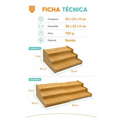 Organizador Porta Condimentos Especiero Expandible 3 Niveles Bambú Organizador Especias Expandible 3 Niveles Especiero Escalonado Cocina Despensa Condimentos Ajustable 22 A 38 Cm