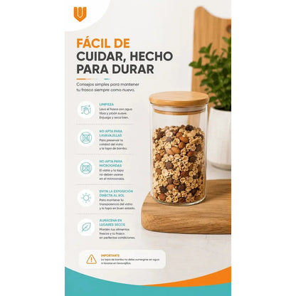 Frasco Vidrio Cocina Hermetico Cilindrico Tapa Bambu 250 Ml 250ml Frasco Vidrio Hermético Tapa Bambú Cilíndrico Cristal Transparente Organizador Cocina Alimentos Gourmet Premium 250 Ml