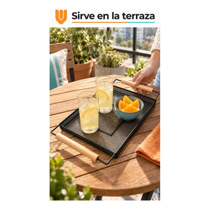 Bandeja Rectangular Metal Negro Asas Madera Desayuno 44cm Negro Bandeja Rectangular Malla Metal Asas Madera Base Calada Borde Elevado Servicio Desayuno Once Café Cocina Comedor 44cm-color Negro