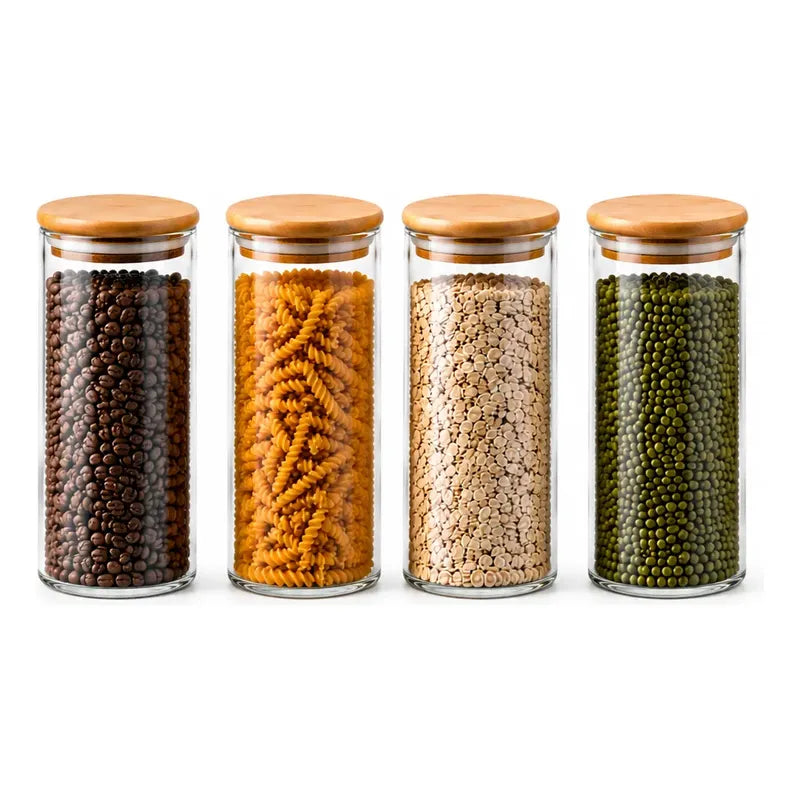 Frasco Vidrio Hermetico Bambu Conservero Hogar Cocina 500 Ml 4 Unidades Transparente Natural Bambú Cristal Claro Minimalista Cocina Gourmet Organizacion Moderna Elegante Premium