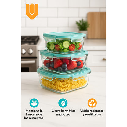 Tupper Vidrio Hermético Alta Resistencia Set 3 Contenedores