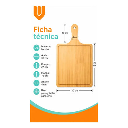 6 Tabla Pizza Tabla Picoteo Tabla Madera Bambu 27x30 Cm Tabla Cuadrada Tabla Bambu Pizza Picoteo Madera Rectangular 27x30cm Espesor 8mm Mango Quesos Aperitivos Cocina 27x30