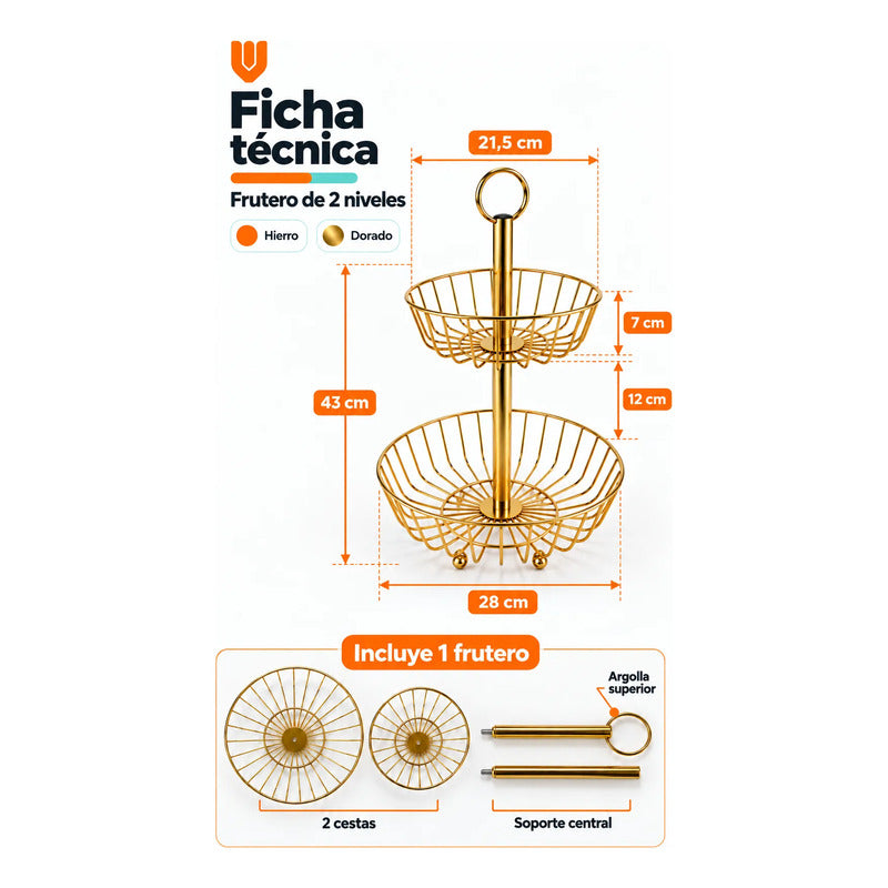 Frutero Mesa Hierro Dorado 2 Niveles 43cm Canasto Cestas Dorado Frutero Doble Dorado Dos Niveles Cestas Circulares Abiertas Soporte Central Argolla Superior Alto 43cm Diseño 43x28