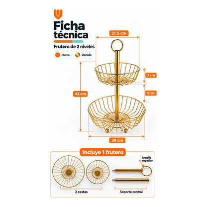Frutero Mesa Hierro Dorado 2 Niveles 43cm Canasto Cestas Dorado Frutero Doble Dorado Dos Niveles Cestas Circulares Abiertas Soporte Central Argolla Superior Alto 43cm Diseño 43x28