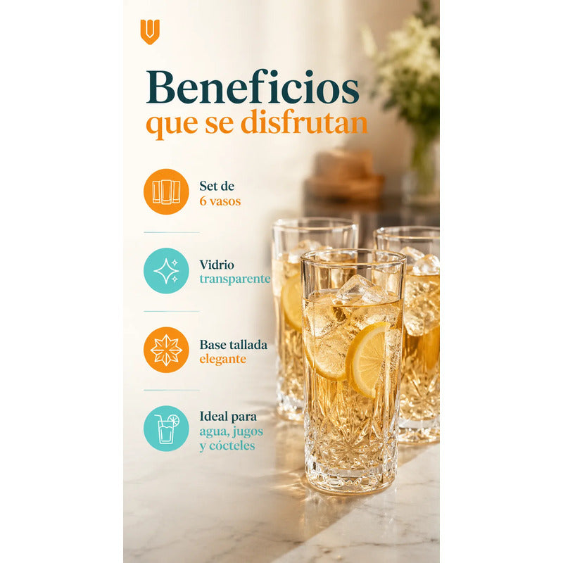 Set 6 Vasos Vidrio Altos 300 Ml Diseño Diamante Transparente Transparente Cristal Vidrio Claro Elegante Brillante Vaso Alto Set 6 Cócteles Jugos Bebidas Cocina Hogar Bar Uso Transparente - Pequeño
