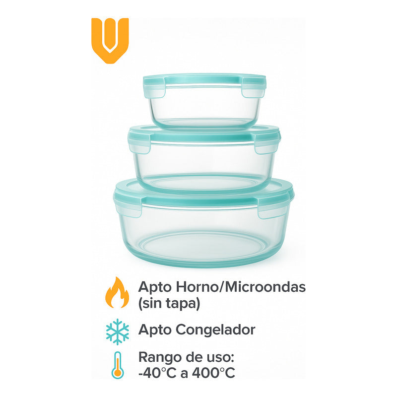 Set 3 Tuppers Vidrio Hermético Microondas Freezer Cocina