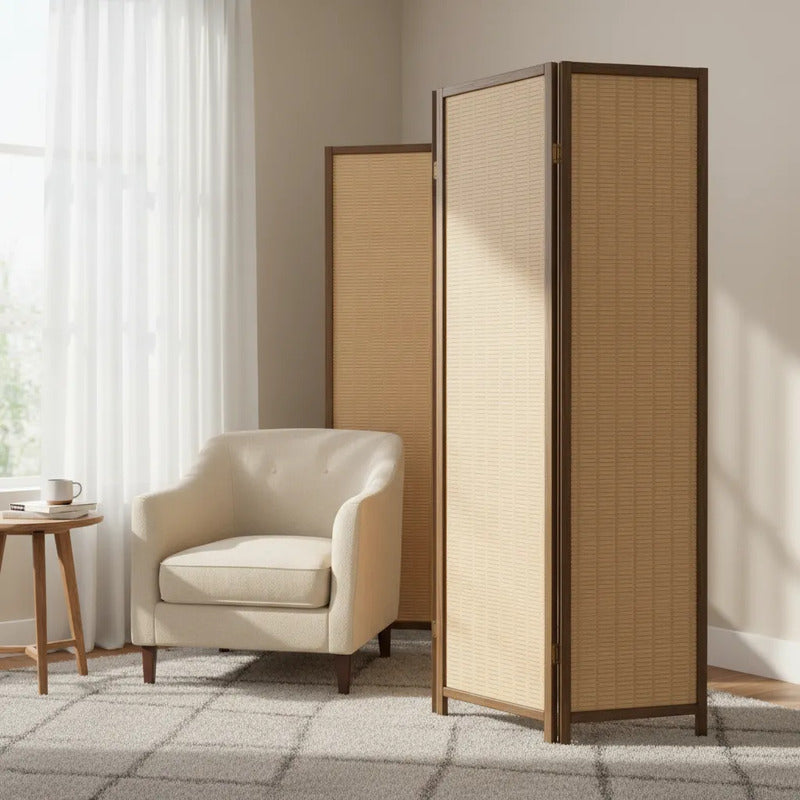 Biombo Decorativo Moderno Estructura Madera Estilo Funcional Biombo Tela Trenzada Panel Plegables Decoración Interior Elegante Divisor Ambientes Estilo Contemporáneo Funcional Hogar Beige