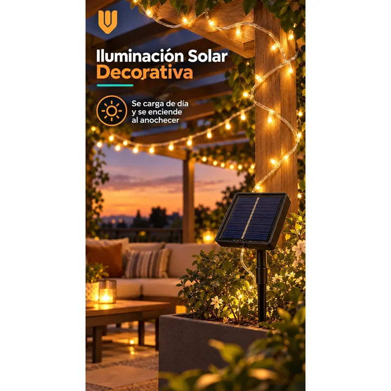 Luces Solares Decoración Navideña Guirnaldas Luz Calida 12m Luz Blanco Calido Cable Transparente Blanco Panel Solar Negro... Luz Blanco Calido Cable Transparente Blanco Panel Solar Negro...
