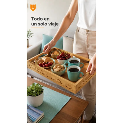 Set 3 Bandejas Desayuno Rectangular Bambú Servir Decorativas Set 3 Bandejas Bambú Rectangulares Asas Laterales Bordes Diseño Calado Apilables Servicio Hogar Cocina Set 3 Bandejas Desayuno