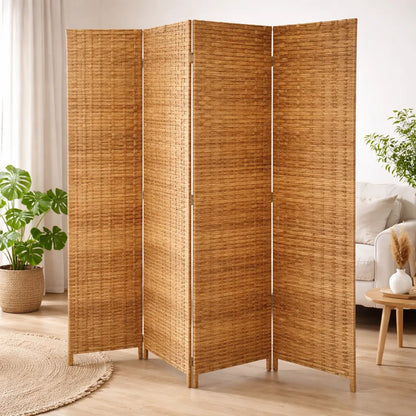 Biombo Divisor Ambientes Oficina Separador 4 Puertas 180 Cm Marron Claro Ratan Natural Tono Madera Beige Calido Decorativo Neutro Elegante Moderno Hogar Oficina Estilo Nordico Geometrico Ratan...