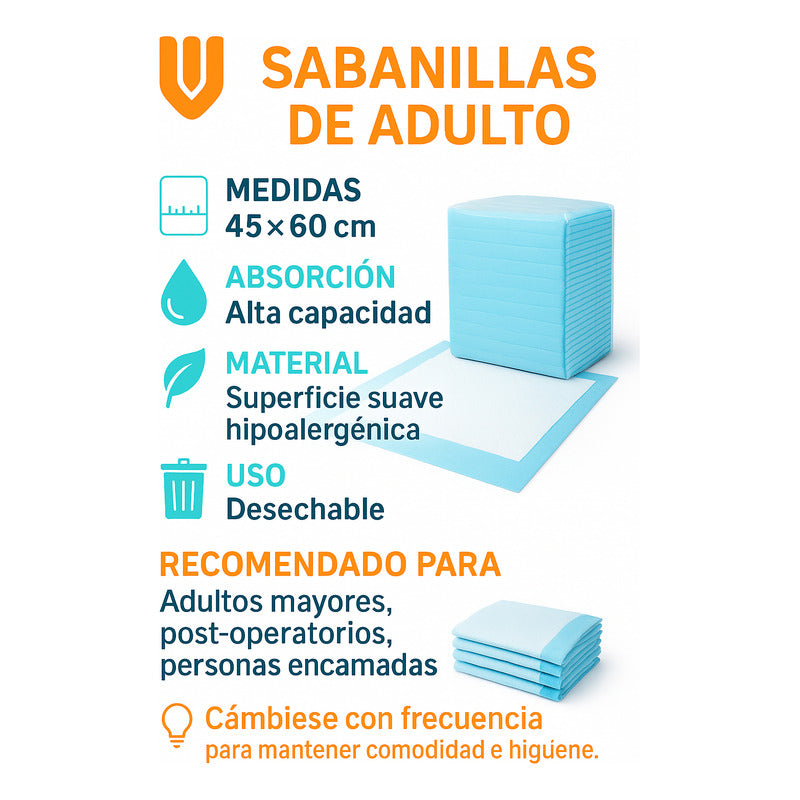 Sabanilla Adulto Absorción Máxima 45x60 90 Unid Sabanilla 45x60cm