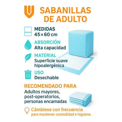 Sabanilla Adulto Absorción Máxima 45x60 90 Unid Sabanilla 45 45x60 Cm Blanco