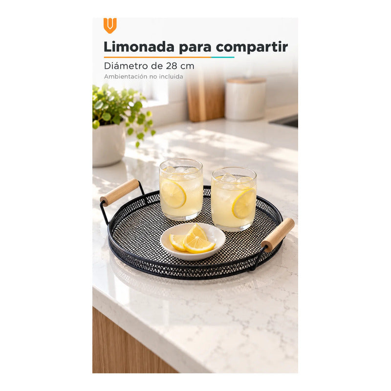 Bandeja Circular Metal Negro Asas Madera Desayuno 28cm Negro Bandeja Circular Redonda Malla Metal Asas Madera Base Calada Borde Bajo Servicio Desayuno Once Café Té Cocina 28cm
