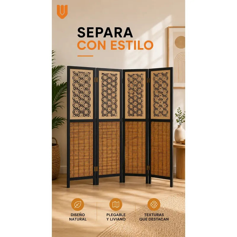 Biombo Separador 4 Puertas Oficina Divisor Ambientes 180 Cm Biombo Decorativo Separador Ambientes Moderno Plegable 4 Paneles Bambú Natural Living Dormitorio Oficina Marrón Negro Beige Bambú...