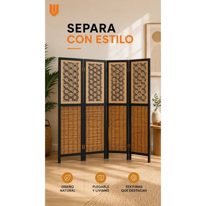 Biombo Separador 4 Puertas Oficina Divisor Ambientes 180 Cm Biombo Decorativo Separador Ambientes Moderno Plegable 4 Paneles Bambú Natural Living Dormitorio Oficina Marrón Negro Beige Bambú...