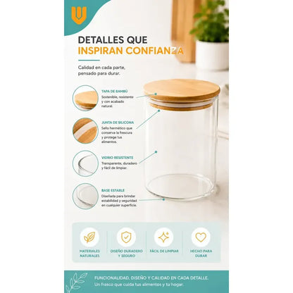 Frasco Hermético Contenedor Vidrio Tapa Bambu Gourmet 200 Ml 12 Unidades