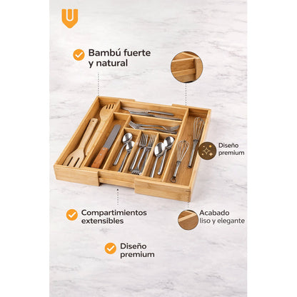 Organizador Cubiertos Bambú Expandible Cajón Cocina Ajustabl