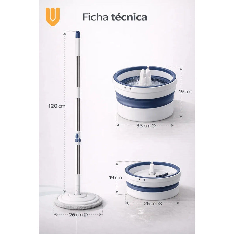 Mopa Vitrineon 360 Balde Plegable Microfibra Limpieza Hogar Blanco Azul Moderno Limpio Minimalista Elegante Hogar Cocina Baño Diseño Nordico Profesional Alta Calidad Resistente Dur
