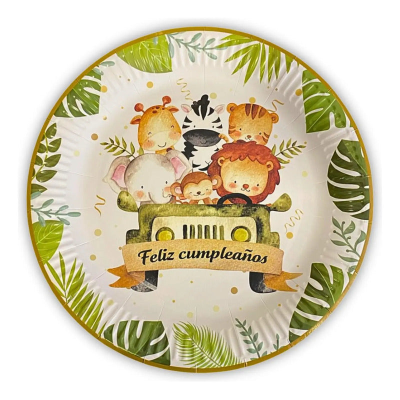 10 Plato De Carton Safari Cumpleaños Safari Animales 23 Cm Multicolor Jungla Safari