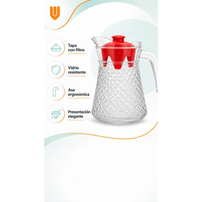 Jarra Vidrio Jugo Agua Decorativa Bebidas Cocteles Frio 1l Transparente Tapa Roja Jarra Vidrio 1 Litro Agua Jugos Bebidas Té... 1 Litro Jarra Refrigerador