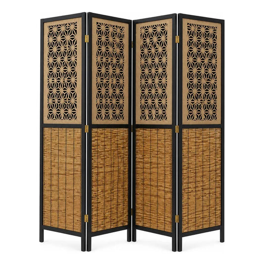 Biombo Separador 4 Puertas Oficina Divisor Ambientes 180 Cm Biombo Decorativo Separador Ambientes Moderno Plegable 4 Paneles Bambú Natural Living Dormitorio Oficina Marrón Negro Beige Bambú...