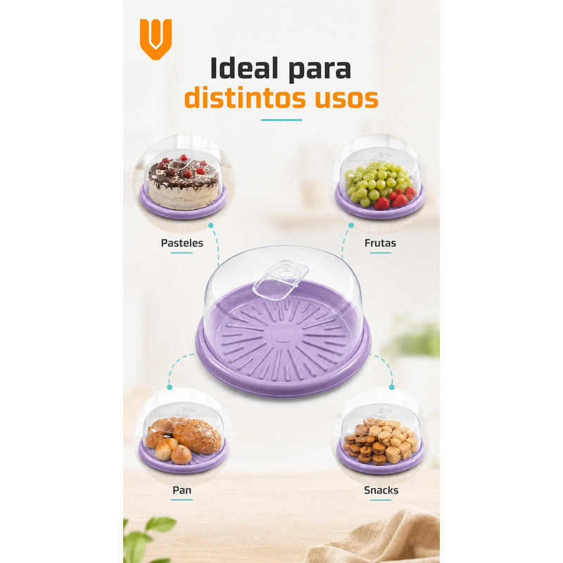 Base Tortas Bandejas Porta Cupcakes Soporte Dulces Lila Pastel Base Lila Tapa Transparente Asa Cristalina Acabado Brillante... Pequeño Diámetro 30cm Largo 31cm Ancho 30cm Formato Circular Compacto...