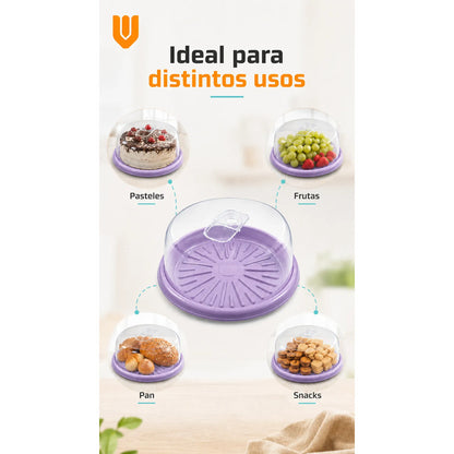 Base Tortas Bandejas Porta Cupcakes Soporte Dulces Lila Pastel Base Lila Tapa Transparente Asa Cristalina Acabado Brillante... Pequeño Diámetro 30cm Largo 31cm Ancho 30cm Formato Circular Compacto...