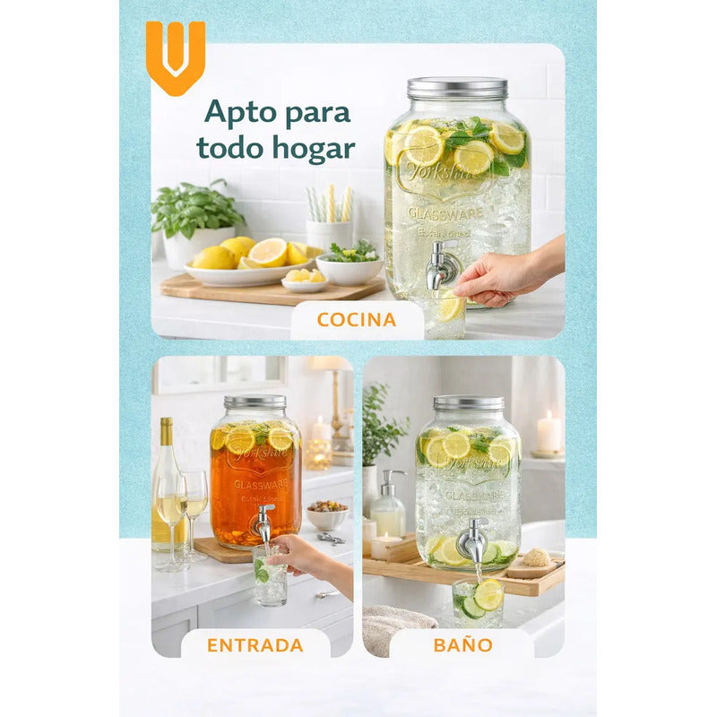 Dispensador Bebidas Vidrio 5 Litros Frasco Grueso Grifo Meta Transparante