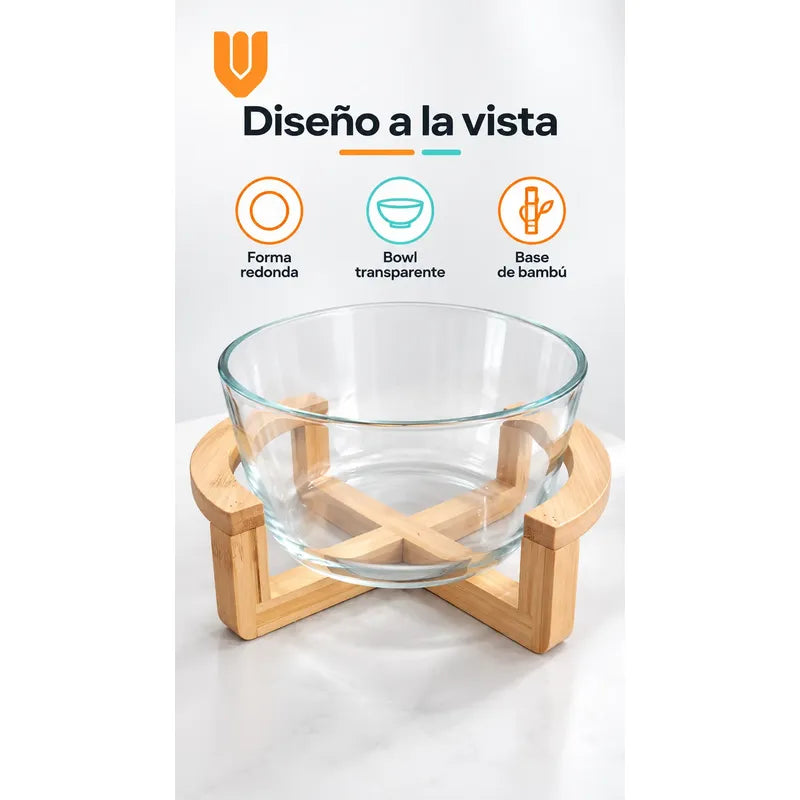 Bowl Vidrio Ensaladera Redonda Base Madera Bambu 18cm Transparente Base Bambu Bowl Redondo Vidrio Transparente Base Bambú Natural Soporte Cruzado Ensaladera Mesa Cocina 18cm